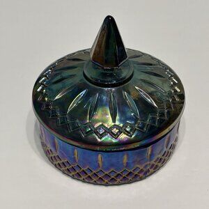 Vintage Indiana Glass Iridescent Blue Candy Dish With Lid Princess Pattern
